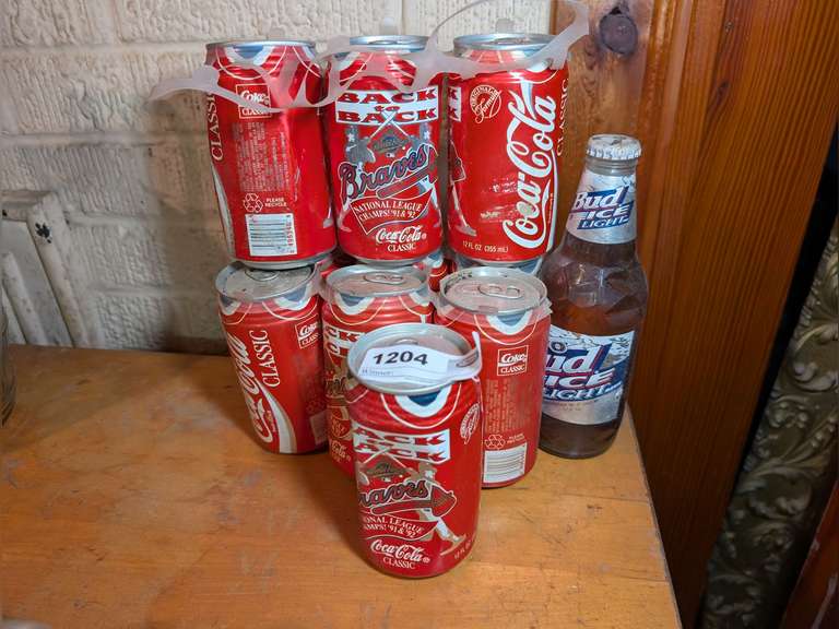 ATLANTA BRAVES NATIONAL LEAGUE CHAMPS 91 AND 92 COKE CANS PLUS BEWARE THE PENGUINS BUD ICE LIGHT BOTTLE image