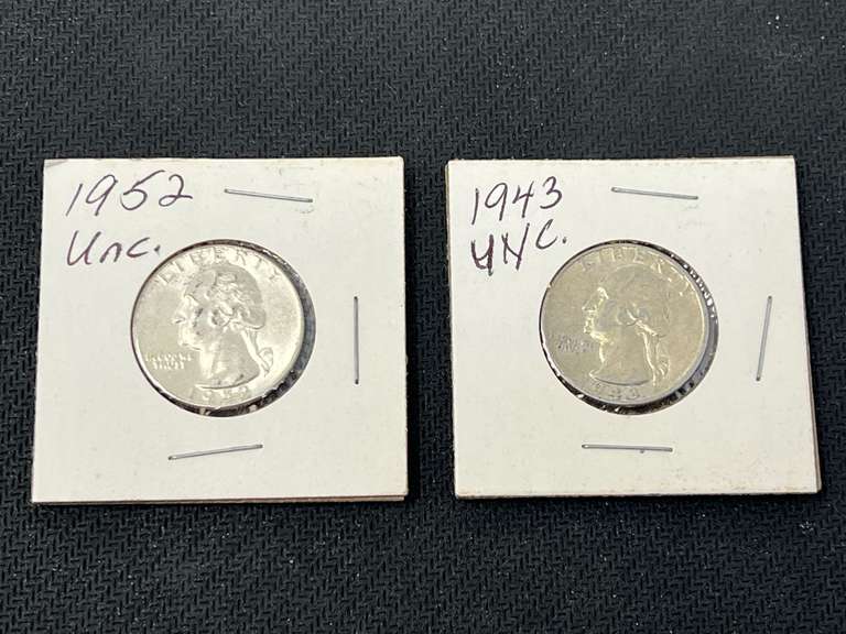 1943, and 1952 uncirculated silver quarters, see pictures for details. image