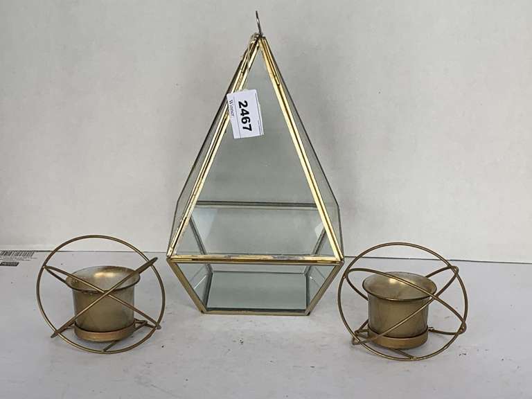 LARGE GLASS & BRASS GEO PYRAMID VOTIVE HOLDER 10" TALL & 2 BRASS ORBIT TEA LIGHT HOLDERS 3 1/2" X 5 1/2" image