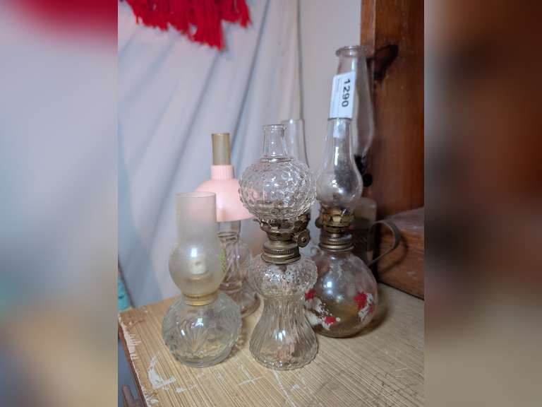SIX SMALL VINTAGE GLASS AND PORCELAIN BODY OIL LAMPS image