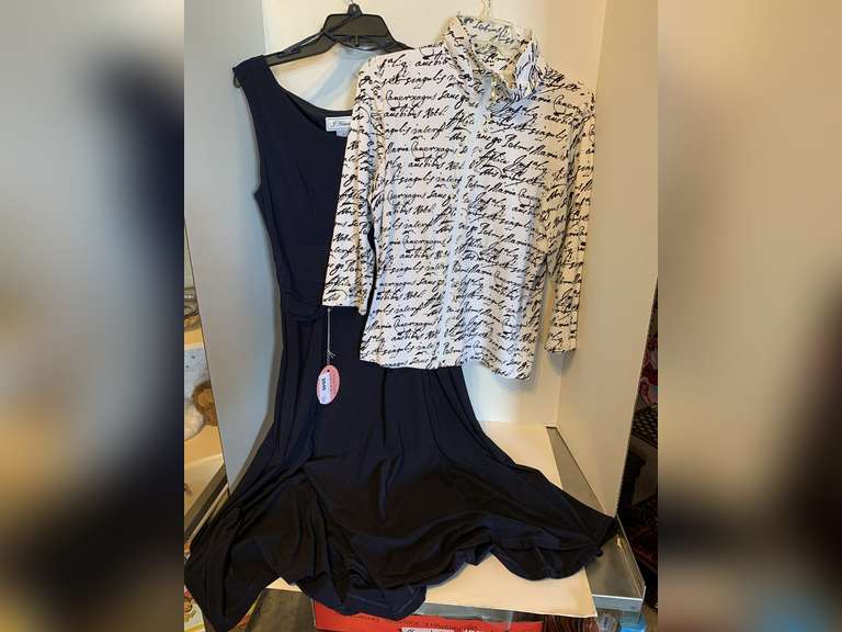 BLACK/WHITE JACKET (SIZE L) & BLACK DRESS (SIZE 12) image