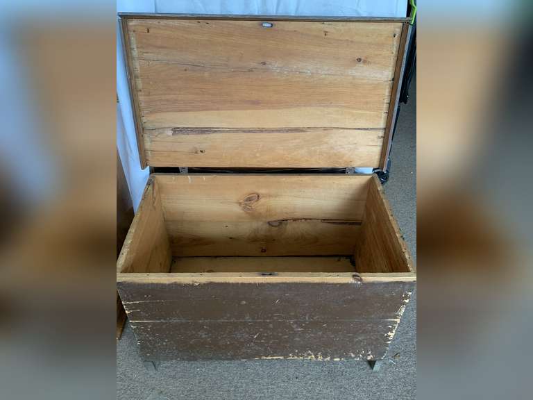 VINTAGE HANDMADE WOOD TRUNK 32 3/4" WIDE X 18 1/2" DEEP X 21" TALL image