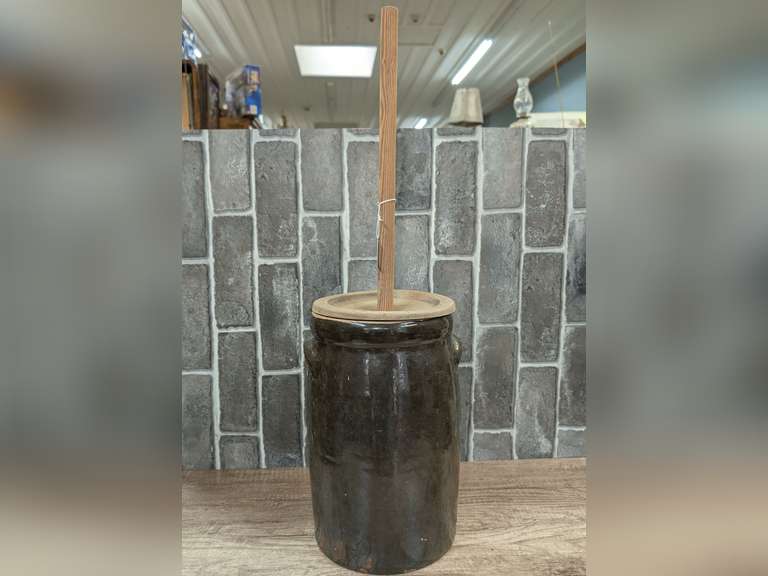 OLD GLAZED POTTERY CHURN WITH REPLACEMENT WOOD LID AND DASHER image