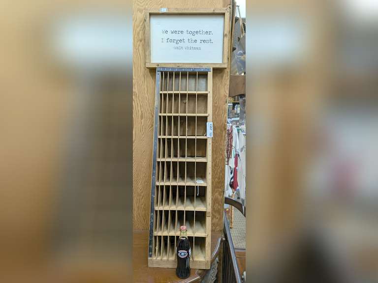 ANTIQUE WOODEN LETTERPRESS PRINTER'S FURNITURE RACK, FRAMED WALT WHITMAN INSPIRATION, AND 2002 FOOTBALL SEASON GEORGIA BULLDOGS CONFERENCE CHAMPIONS COCA-COLA image