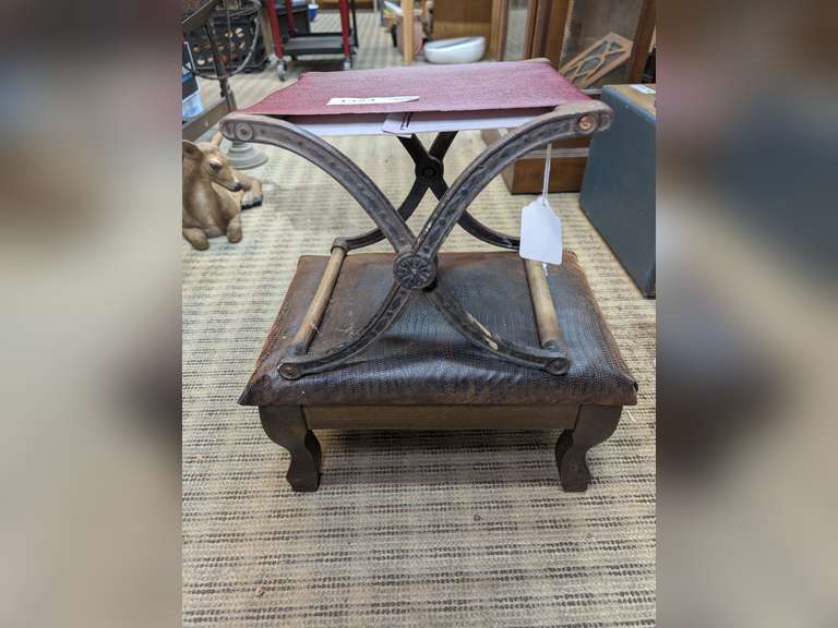 ANTIQUE FOOTSTOOL AND CAST IRON FRAME FOLDING FOOTSTOOL image