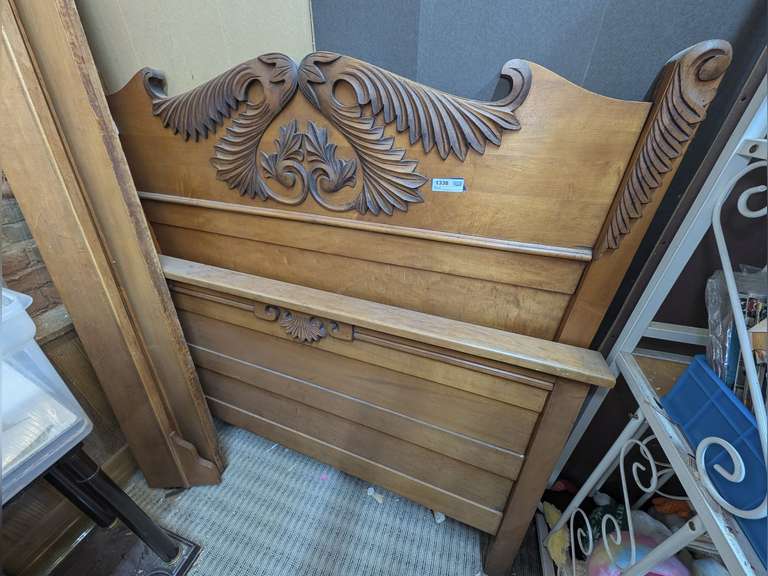 ORNATELY CARVED SOLID WOOD BED INCLUDING HEADBOARD, FOOTBOARD, AND RAILS image