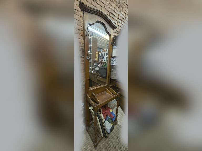 OLD WOOD HALL TREE WITH MIRROR BACK AND VALET SHELF *** SPECIAL PICKUP INSTRUCTIONS *** image