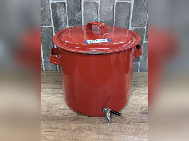 GIANT STOCK POT WITH SPIGOT AND CONTENTS INCLUDING DECORATIVE PRIMITIVE WOOD BOWLS image