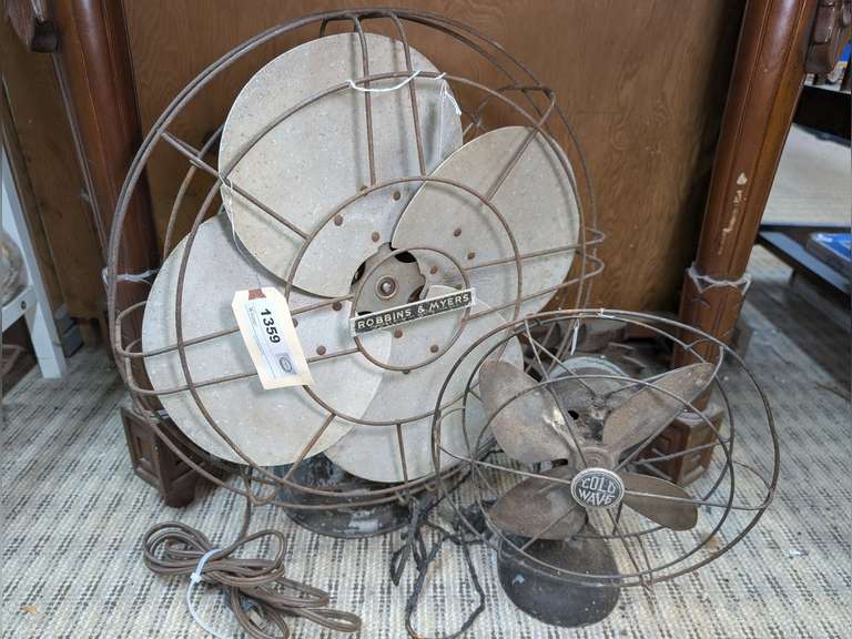 PAIR OF OLD OSCILLATING FANS INCLUDING ROBBINS & MYERS AND COLD WAVE image