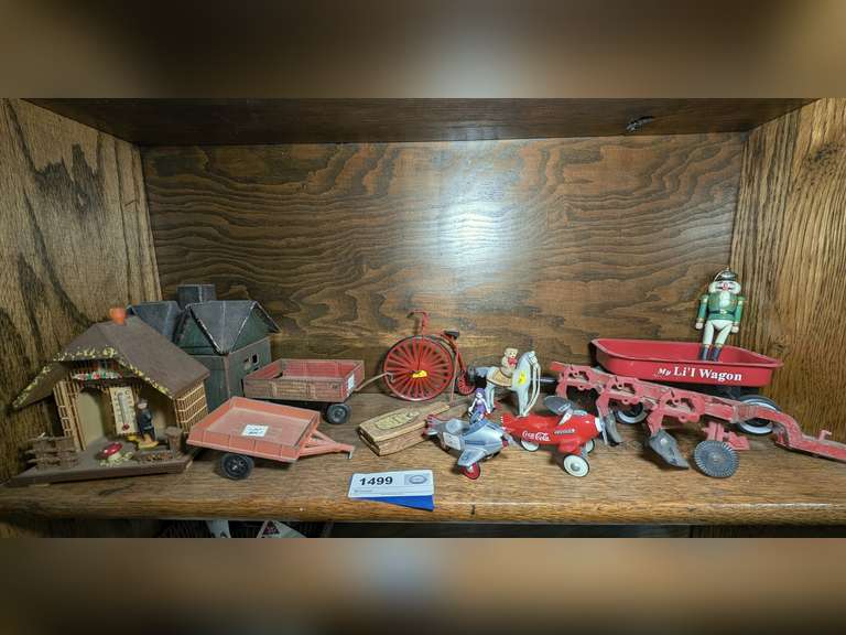 TOYS, DECORATIVE SMALLS, OLD ANIMATED THERMOMETER, AND MORE ON SHELF MARKED 1499 image