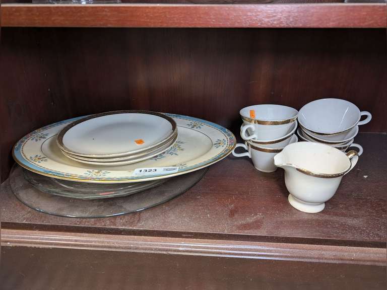 VINTAGE CHINA AND GLASS SERVING PIECES ON BOTTOM SHELF MARKED 1323 image
