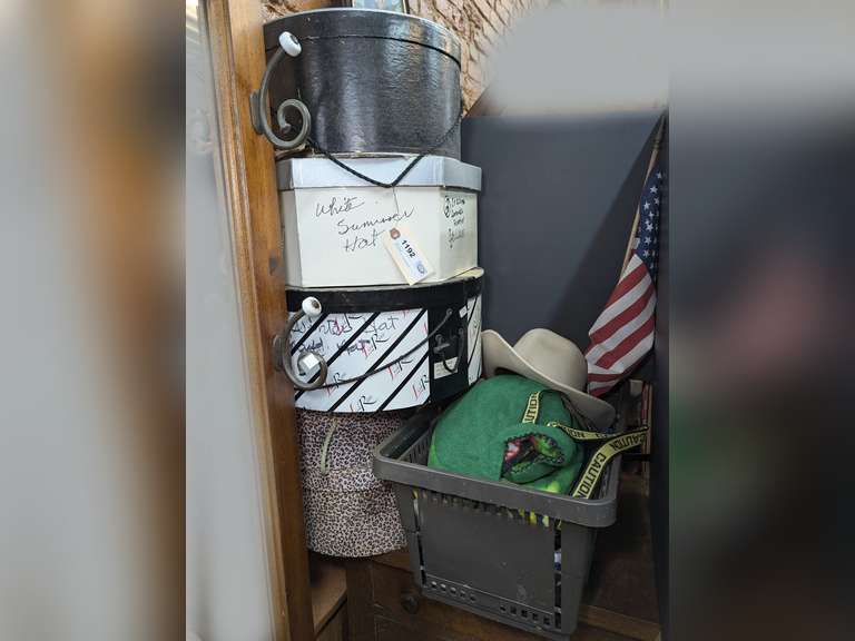 OLD HAT BOXES, THREE HATS, US FLAG, 60-IN US FLAG IN ORIGINAL PLASTIC, AND OLD NAVAL PHOTOGRAPH image