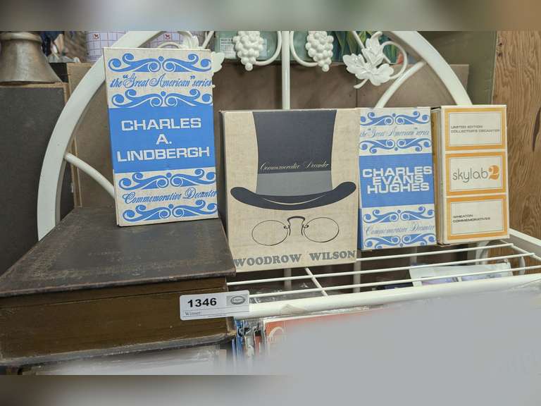 VINTAGE WHEATON COMMEMORATIVE DECANTERS IN ORIGINAL BOXES PLUS BOOK MOTIF HIDEAWAY BOX image