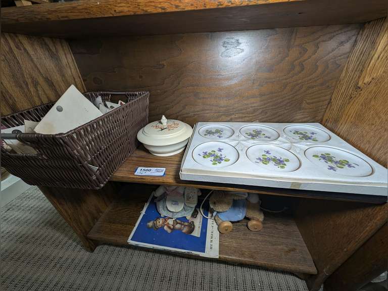 VINTAGE KAISER WEST GERMAN VIOLA PATTERN SAUCERS, VINTAGE AVON IMPERIAL GARDEN BEAUTY DUST BOWL, BEATRIX POTTER COLLECTION FIGURES, AND BUTTONS ON BOTTOM TWO SHELVES MARKED 1500 image