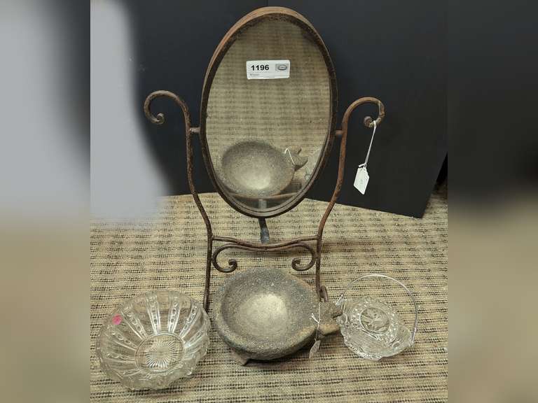 OLD METAL FRAME DRESSER TOP TILTING MIRROR PLUS FORMAL GLASS AND MEXICAN VOLCANIC ROCK GUACAMOLE MAKING BOWL image