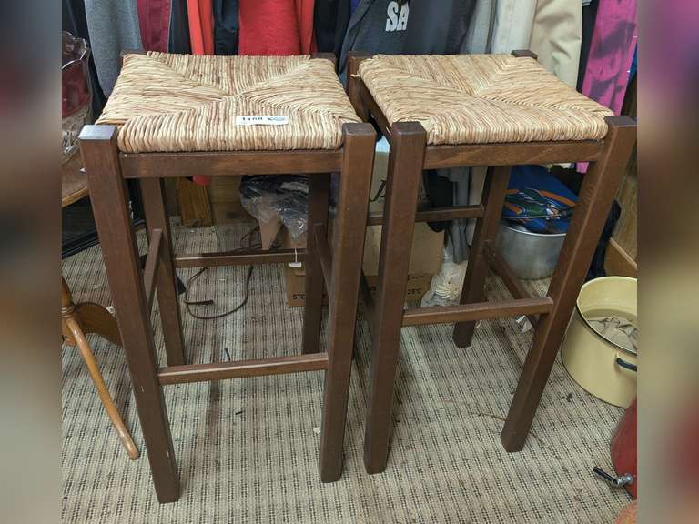 PAIR OF RUSH SEAT WOOD FRAMED 30-IN BAR STOOLS image
