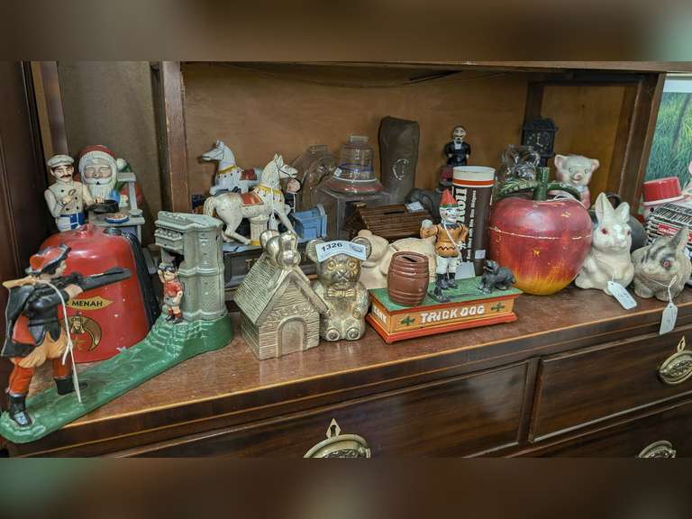 ALL BANKS ON ON DRESSER TOP MARKED 1326 INCLUDING A LARGE NUMBER OF ARTICULATED CAST IRON BANKS image