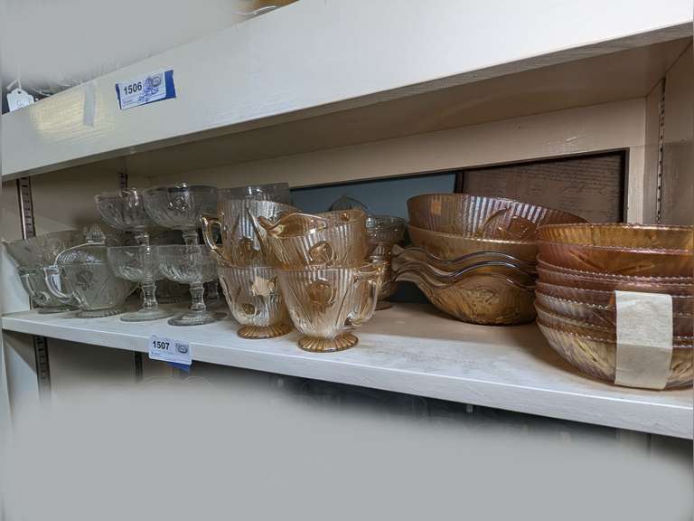 DEPRESSION GLASS STYLE MUGS AND SERVING PIECES ON SHELF MARKED 1507 image