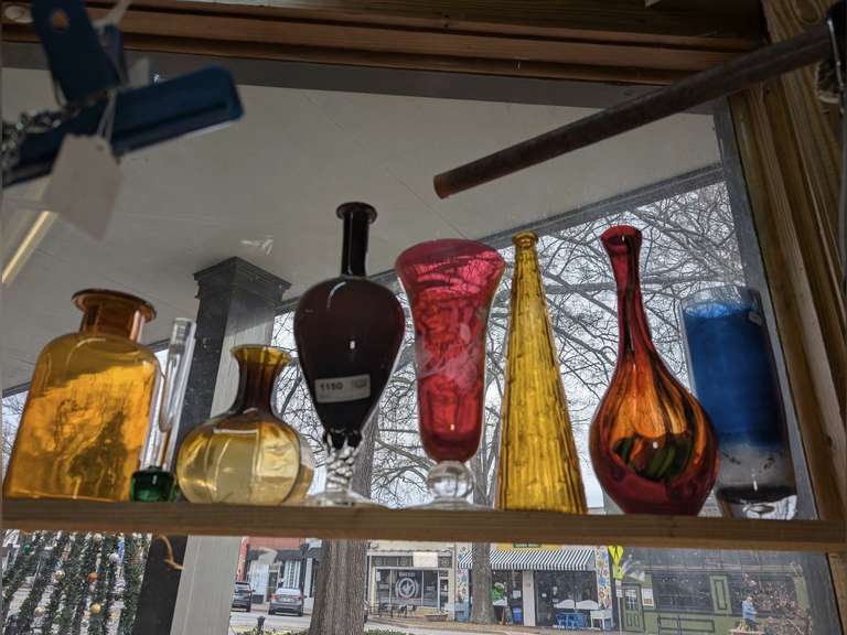 VINTAGE DECORATIVE ART GLASS IN UPPER SHELF SECTION MARKED 1150 image