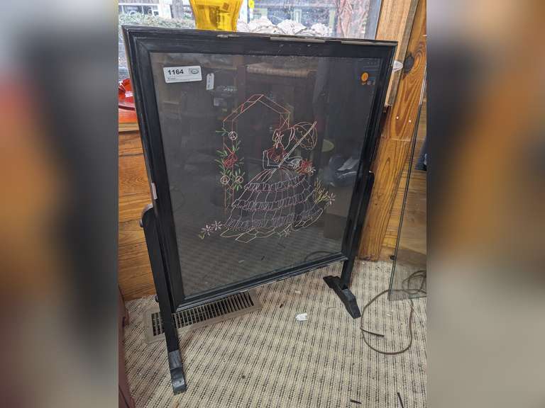 OLD SHADOWBOX FIREPLACE SCREEN WITH HAND-STITCHED ART image