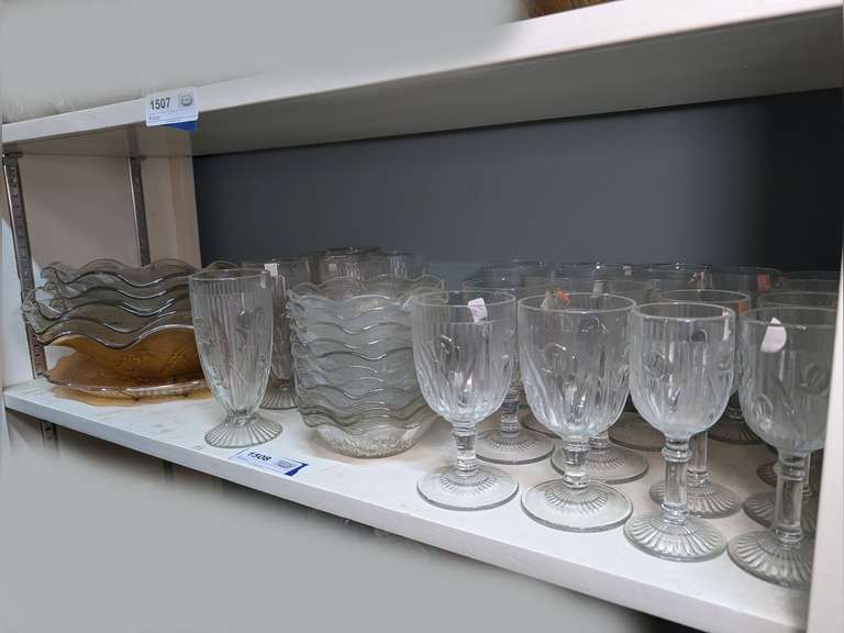 DEPRESSION GLASS STYLE STEMS AND SERVING PIECES ON SHELF MARKED 1508 image