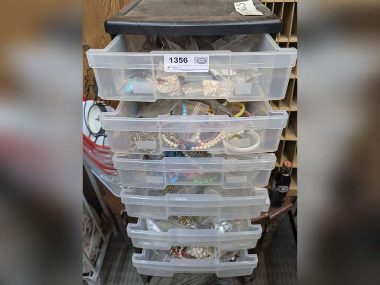 SIX DRAWER PLASTIC STORAGE AND ALL COSTUME JEWELRY INSIDE image