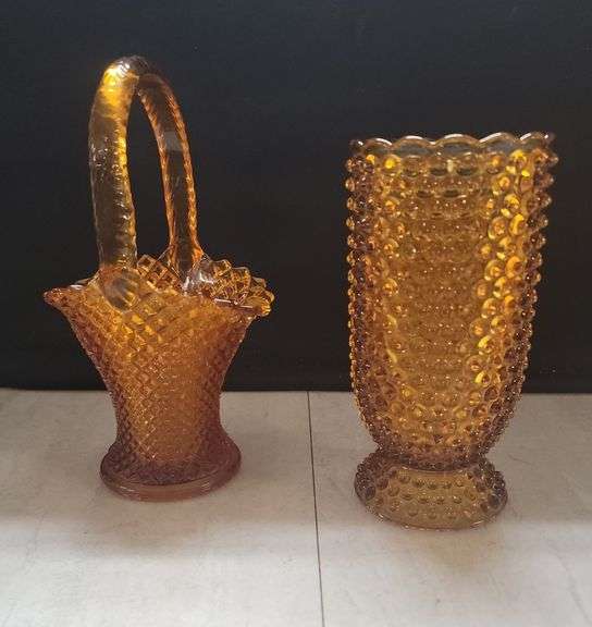 19T- AMBER GLASS BASKET AND VASE image