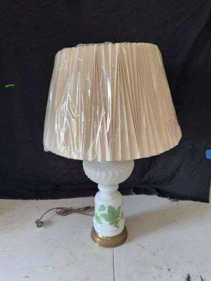 White Glass Lamp with Green Leaves and Shade