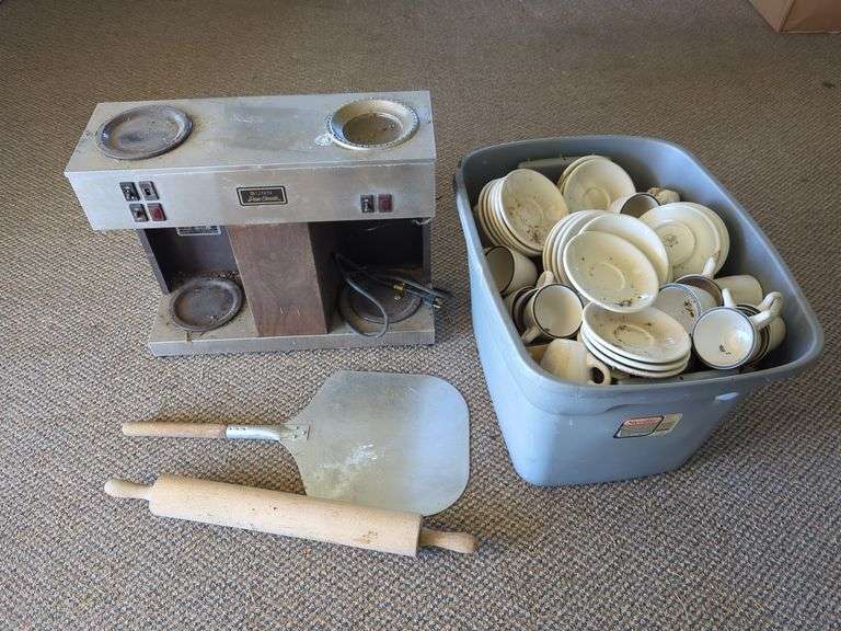 Bunn Pour-O-Matic Coffee Maker with China Cups and Saucers and Kitchenware