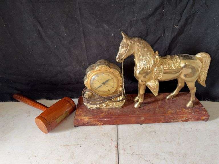 Vintage United Clock, Horse Statue, and White House Gavel