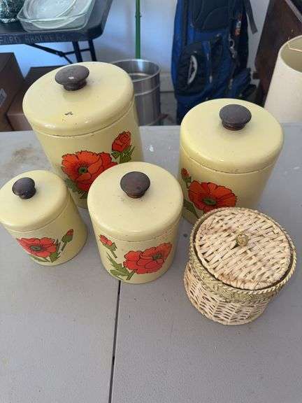 4 Yellow Hazelburg Canisters with Red Floral Design & Wicker Basket image