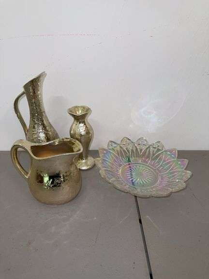 Decorative Pitchers, Vase, and Iridescent Glass Plate image