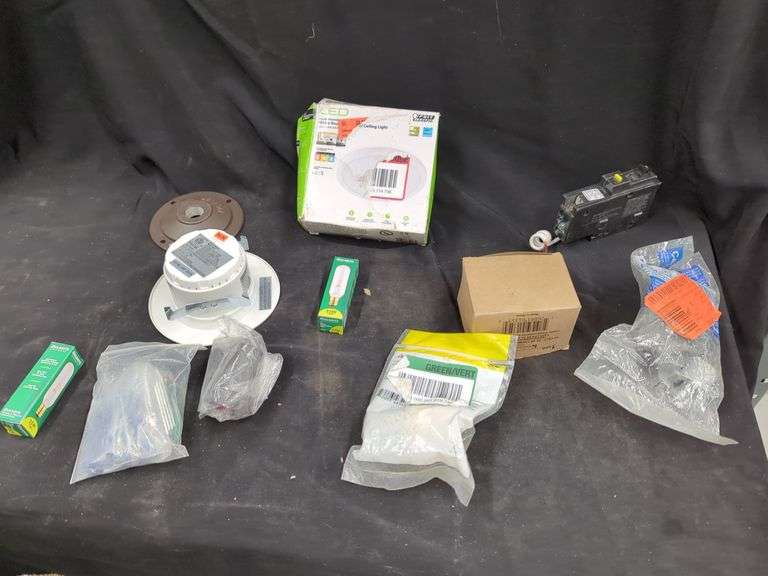 Electrical Parts Assortment: LED Light, Bulb, Breaker, and Hardware image