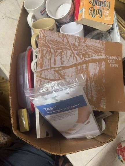 BOX OF COFFEE CUPS AND BOOKS image
