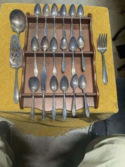 NATIONAL SILVER PLATED SPOONS AND SERVING PIECES AND WOOD RACK image