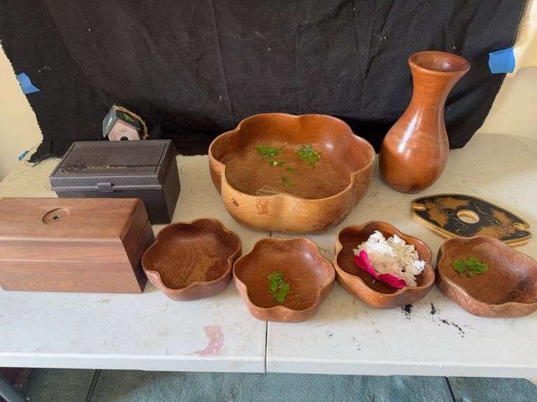 Wooden Bowls, Vase, and Storage Boxes