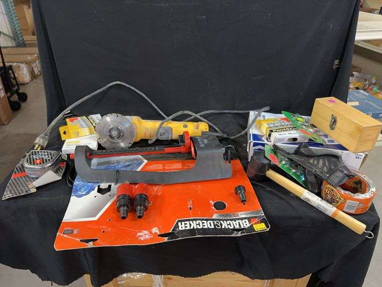 DeWalt Grinder, Black and Decker Sprinkler, and Tools