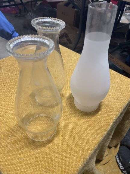 3 VINTAGE GLASS OIL LAMP CHIMNEY GLOBES image