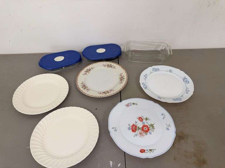 Assorted Kitchenware: Plates, Glass Containers, and Cruet image