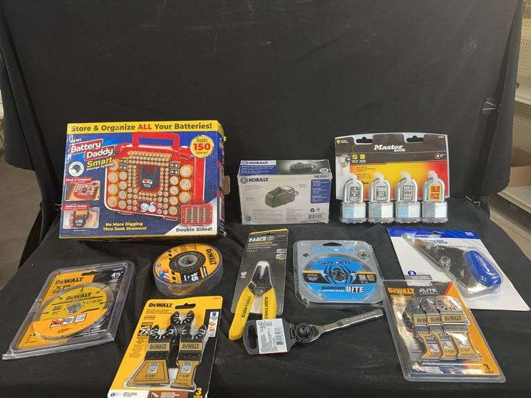 Assorted Tools: Klein Tools Wire Stripper, Master Lock Padlocks, Dewalt Blades, Battery Daddy Organizer