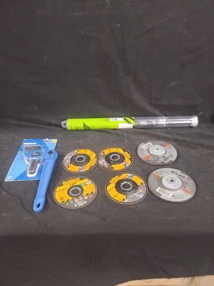 Grinding Wheels, Pipe Wrench, and Auger Bit