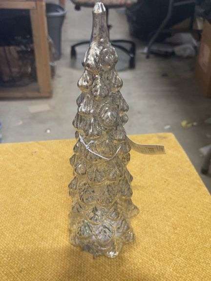 4 X 12 GLASS CHRISTMAS TREE WITH BROKEN SPOT.  LIGHTED image