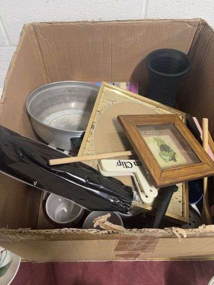 BOX WITH A VASE, BOOK, METAL LEAF, A PAN, AND MISC image