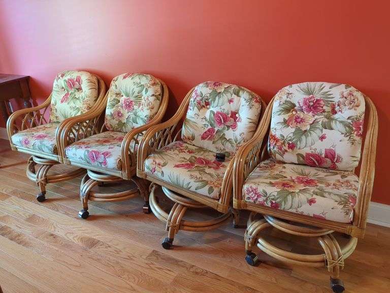 4 Floral Upholstered Rattan Swivel Chairs on Casters image