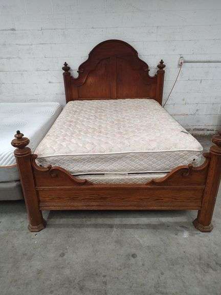 OAK QUEEN SIZE BED - HEADBOARD AND FOOTBOARD WITH RAILS BOX SPRING AND MATTRESS WILL BE GIVEN TO BUYER IF WANTED image