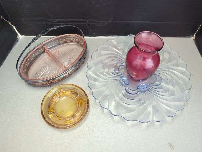 Assorted Glassware: Divided Dish, Plate, Vase, and Ashtray image