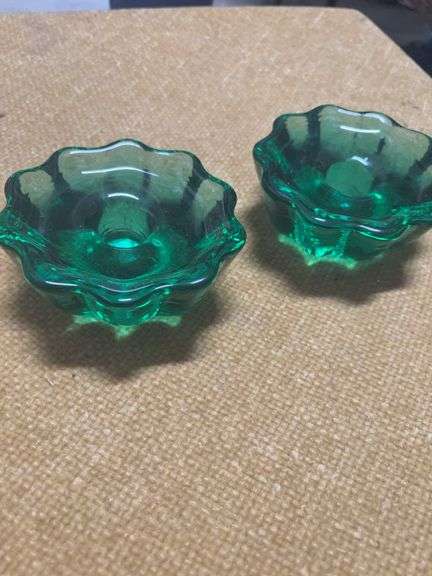 TWO GREEN GLASS CANDLE HOLDERS image