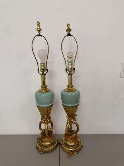 Pair of Ornate Brass Table Lamps with Light Blue Accents image