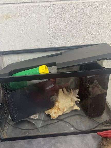 TEN GALLON FISH TANK WITH LID.  MISC INSIDE THE TANK image