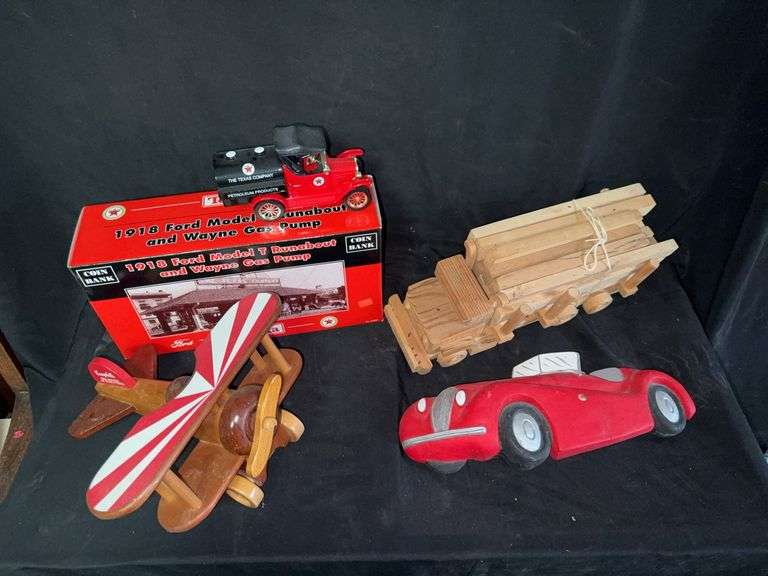 Assorted Wood Toys: Trucks, Airplane, Car, Tonka 1918 Ford Model T Runabout and Wayne Gas Pump Coin Bank image